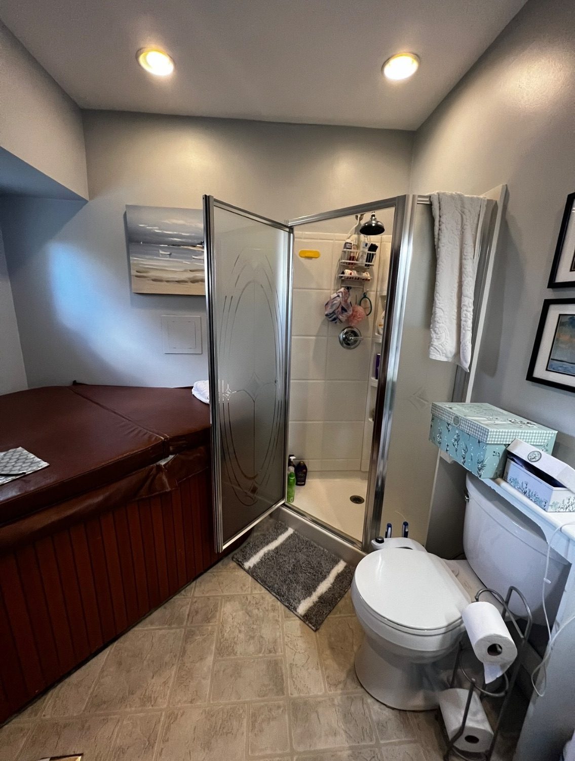 Dated bathroom before renovation with fiberglass shower stall