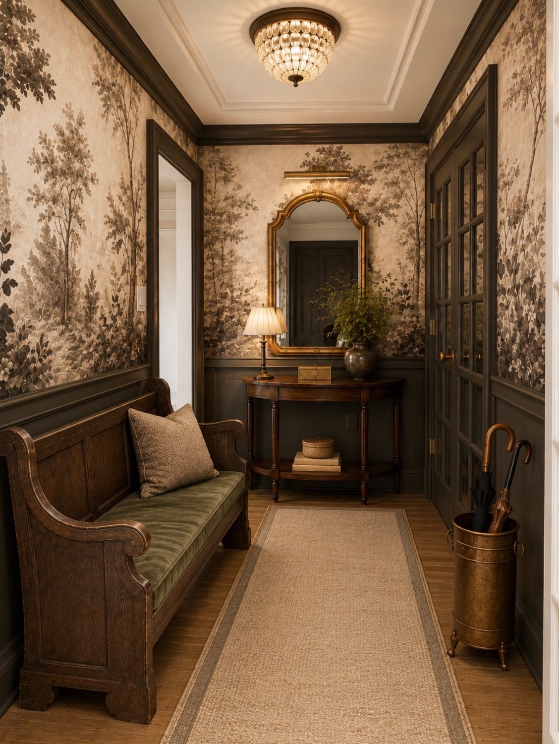 Hallway after redesign with dark wallpaper, bench, and antique mirror